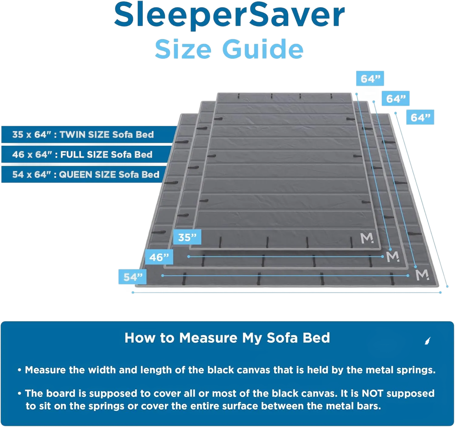 Product dimensions diagram showing Twin, Full, and Queen size sofa bed measurements
